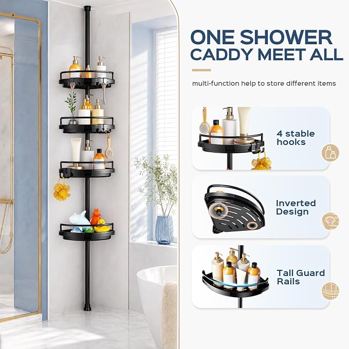 HAMITOR Corner Shower Caddy Tension Pole: Adjustable Stainless Steel Shower Organizer 4 Tier Shelf for Bathroom Bathtub Shampoo - Floor Standing Rack Bath Storage Holder with Rust Proof Rods - Black - Image 7