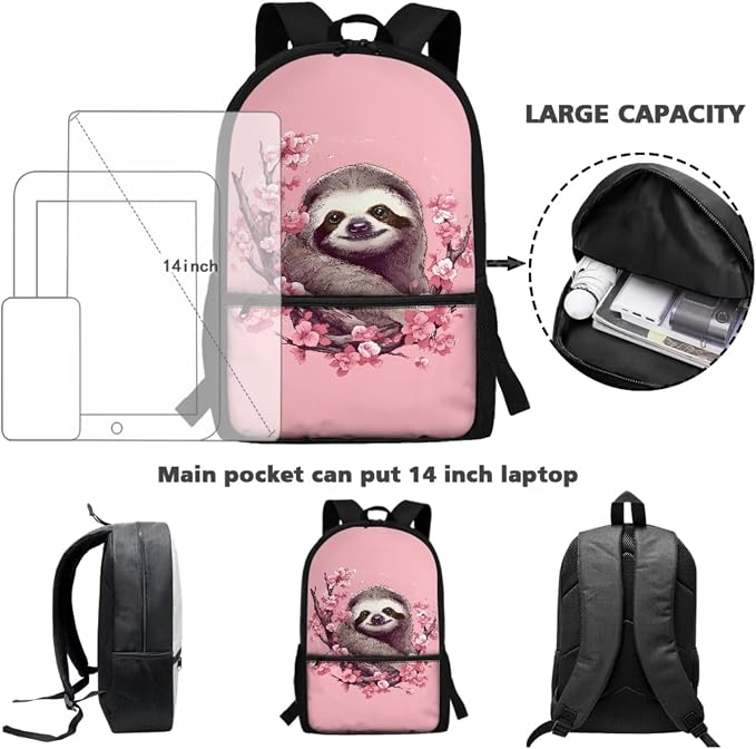 Cherry Blossom Sloth Print Student Backpack Set Lightweight Bookbag Lunch Kits Pencil Case 17 Inch Travel Laptop Computer Backpacks FashionDaypack Rucksack for Hiking - Image 3