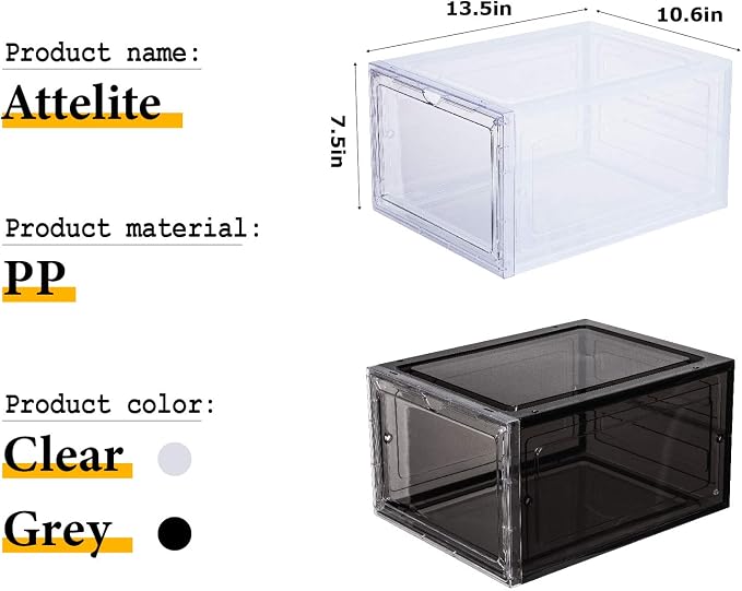 Attelite Shoe Box Organizer,Set of 6,Stackable Plastic Shoe Box with Clear Door, Shoe Storage Box Containers,For Display Sneakers,Easy Assembly,Fit up to US Size 12(13.4”x 10.6”x 7.4”) - Image 2