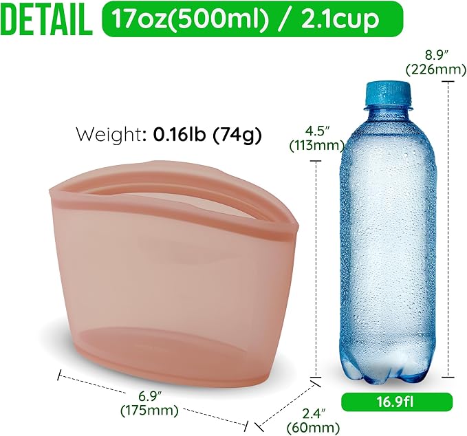 Reusable Silicone Food Storage Bag, 2-Cups, Large Container, Made in Korea BPA-Free Platinum Silicone, Triple-Airtight Freezer Bag, Microwave Safe, Sous Vide, Meal Prep, 17oz, Dry Rose | Reusable - Image 7