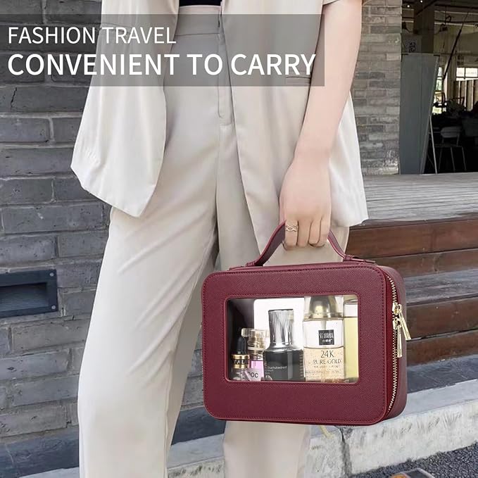 Pinkmik Travel Clear Makeup Bag with Brush Bag Portable Cosmetic Bag Case Transparent Toiletry Bag Cosmetic Organizer Storage Bag for Women (X/Burgundy, L+SLIM) - Image 3