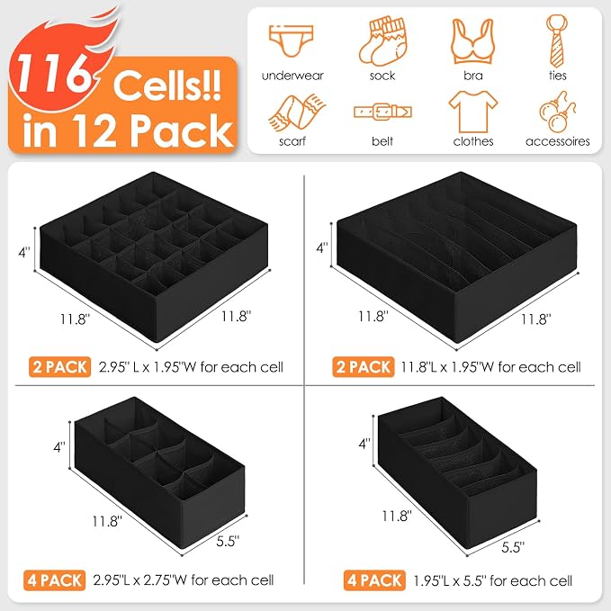 12 Pack Drawer Organizers, 116 Compartments Fabric Foldable Dresser Drawer Organizers for Clothing, Closet Organizers and Storage Bins for Clothes, Christmas Ornament Storage Boxes with Dividers - Image 2