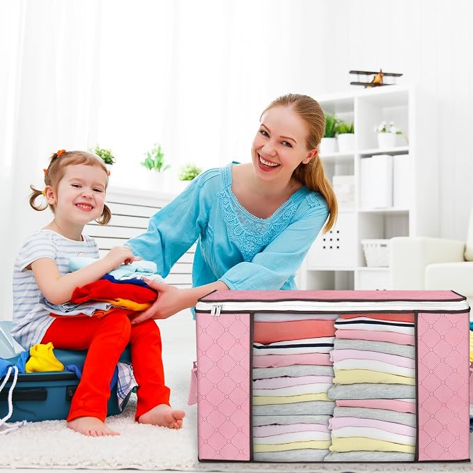 90L Large Storage Bags, 4 Pack Clothes Storage Bins Closet Organizers | Foldable Storage Containers, with Reinforced Handle, for Clothing, Blanket, Comforters, Bed Sheets, Pillows and Toys,Pink - Image 6