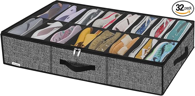 Onlyeasy Sturdy Under Bed Shoe Storage Organizer Fit 8 to 16 Pairs, Collapsible Closet Underbed Shoes Container Bags with Reinforced Handles, 37.7x23.6x5.9in, Linen-like Black, MXAUBS16P1 by Onlyeasy