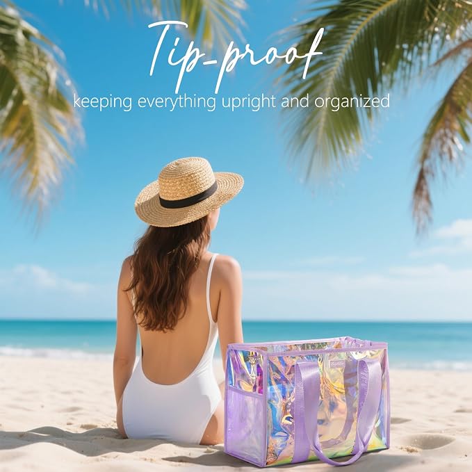 Bagstellar Iridescent Beach Bag, Jelly Tote Bag with Phone Pouch Makeup Bag | Large Beach Bags Waterproof Sandproof, Zipper Beach Tote Clear Pool Swim Boat Bag for Women Summer Travel Cruise Essentials - Image 2