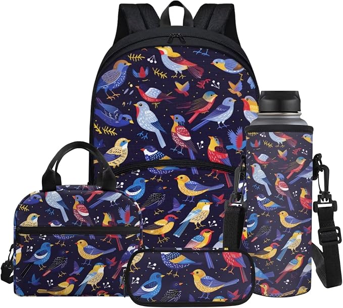 Cute Small Bird Print 4pcs Backpack Set for Kids, Teenage Students Bookbag with Lunch Bag & Pen Pouch & Water Bottle Cover for School Sport Travel by Glomenade