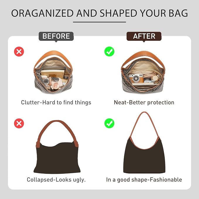 Nylon Purse Organizer Insert, Tote Bag Organizer Insert for Goyard Hobo, Bohème Shoulder Bag Insert, Lightweight Custom Fit Hobo Insert with YKK Zipper & Bottle Holder, 8 Pockets, Craie - Image 3