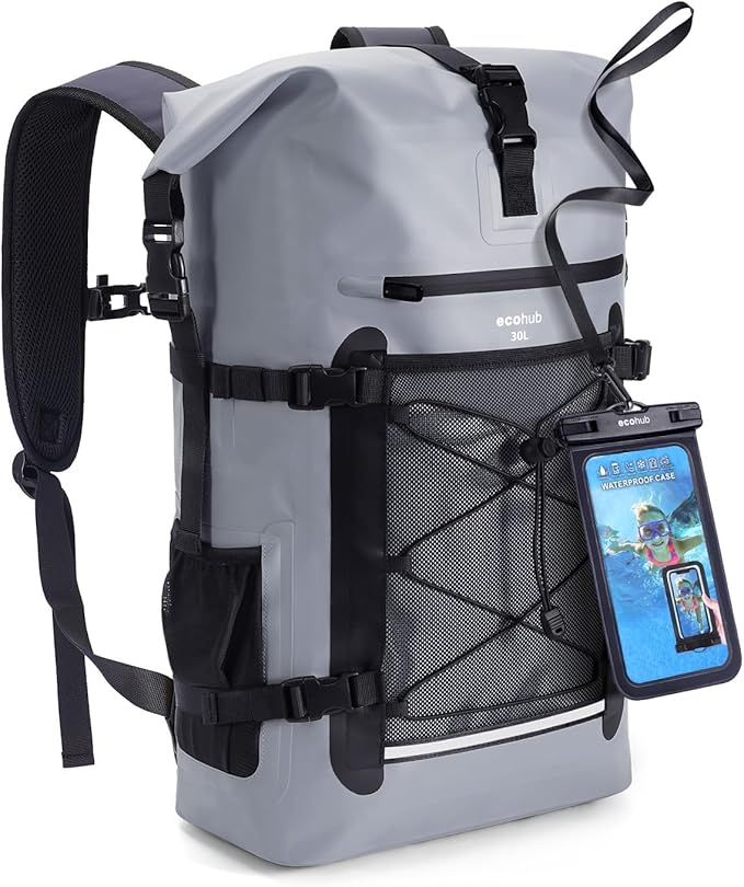 ECOHUB Waterproof Backpack for Women Men, 30L Roll-Top Closure Heavy Duty Dry Bag for Travel with IPX8 Waterproof Phone Case by ECOHUB