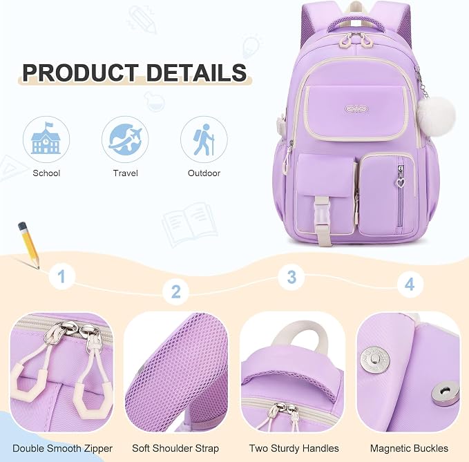 DIGOBAY Backpacks for Girls, 3PCS School Backpack with Lunch Box Pencil Pouch for Teen Girls Kids Elementary Primary Middle High College Daypack School bag Bookbag Set（Purple） - Image 5