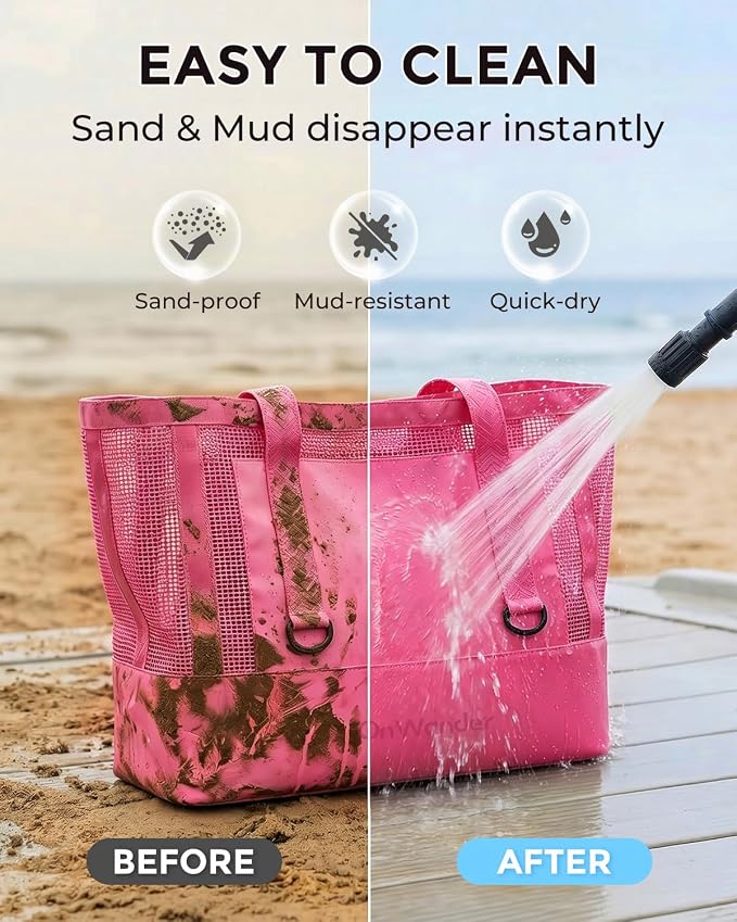 Large Mesh Beach Bag, Waterproof Bottom Tote, Structured Design Waterproof Pocket, Sandproof Pool Bag for Cruise Gym - Image 8