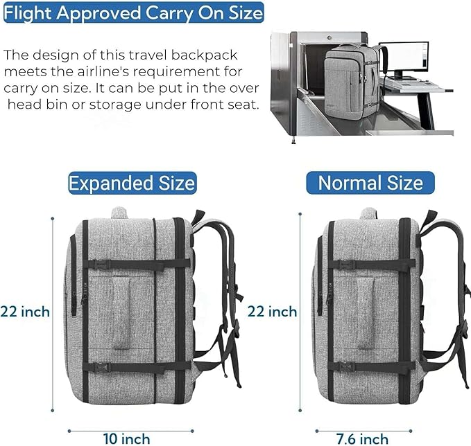 Gieury 55L Carry On Backpack, Extra Large Travel Backpack for Men & Women, Expandable Big Capacity For Airplanes, Travel Gifts for Men Women, Fits 18.4 Inch Laptop, Luggage Suitcase Daypack Bag, Grey - Image 4