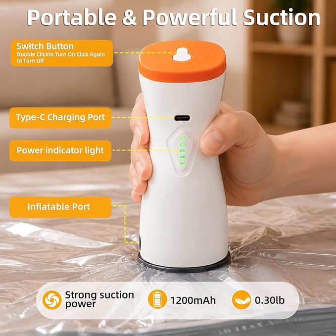 2in1 Rechargeable Air Pump Vacuum Storage Bags, Inflation/Deflation Dual Use Travel Compression Bags, 10 Pack Reusable Space Saver Bags for Suitcase, Clothes and Home Wardrobe（Orange and white） - Image 7