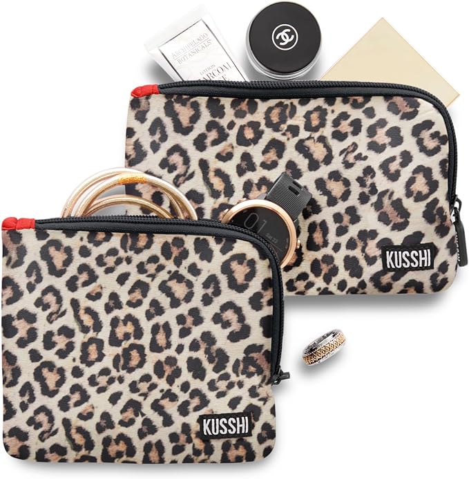 KUSSHI 2pc Neoprene Pouch Set - Passport Holder and Travel Zipper Makeup Pouch for Purse - Small Purse Pouch for Organization, Electronics, Glasses & Valuables (Leopard) by Unknown