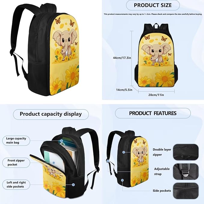 Sunflower Elephant Backpack for Girls Kids Backpack with Lunch Box Water Bottle Pouch and Cute Pencil Case 4PCS Set Bookbag with Compartments 17 inch Kawaii School Bag for Elementary Girls - Image 4