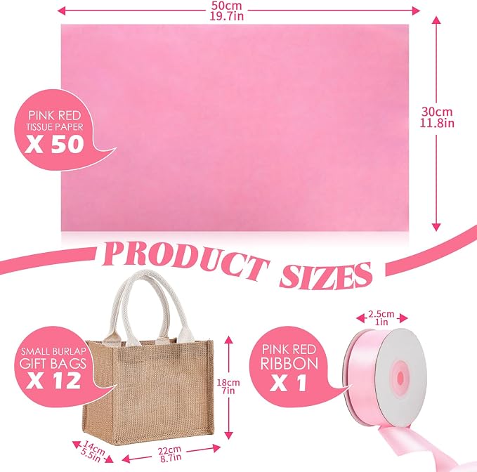 Shinylin 12 Pack Burlap Tote Bags Bulk with Handles Small Wedding Jute Tote Bag with Pink Tissue Paper & Ribbon, Reusable Party Favor Bags for Bridesmaid Proposal Bridal Shower Galentine's Day - Image 2