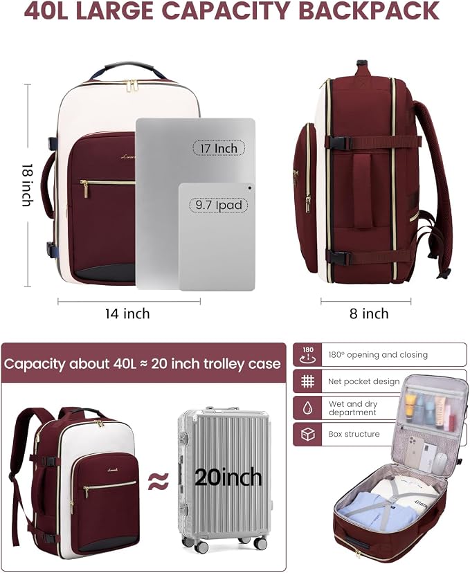 LOVEVOOK Large Travel Backpack for Women & Men, 40L Carry on Backpack for Airplanes, TSA Personal Item Travel Bag fits 17" Laptop, Waterproof Travel Essentials Airline Approved with 3 Packing Cubes - Image 3