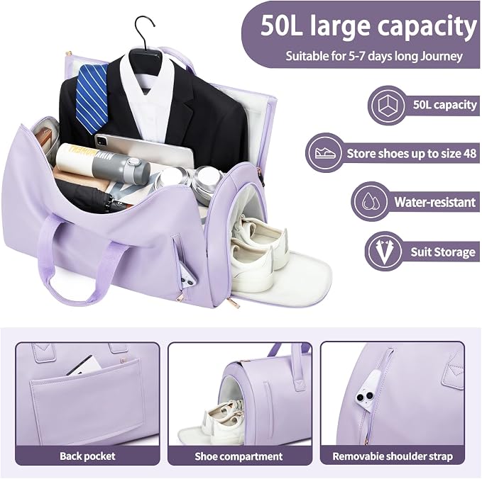 Leather Garment Bag Women, Carry on Garment Bag for Travel Convertible Garment Duffel Bag 2 in 1 Waterproof Foldable Travel Suit Bag Weekender Bag with Shoe Pouch - Image 2