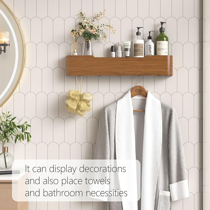 Coat Rack Wall Mount with Hidden Hooks Modern Key Holder Wood Entryway Hook with Shelf for Bedroom Kitchen Hallway Bathroom Designed for Hanging Coats Hats Bags Towel Dog Leashe(Walnut,5 Hooks) - Image 6