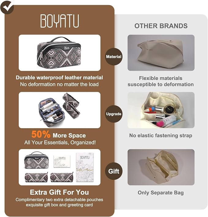 BOYATU Travel Makeup Bag Organizer: Boho Large Capacity Cosmetic Bag Sets | 3Pcs Waterproof Leather Toiletry Bags | 180°Open Flat Make up Case with Compartments | Western Travel Essentials for Women - Image 6