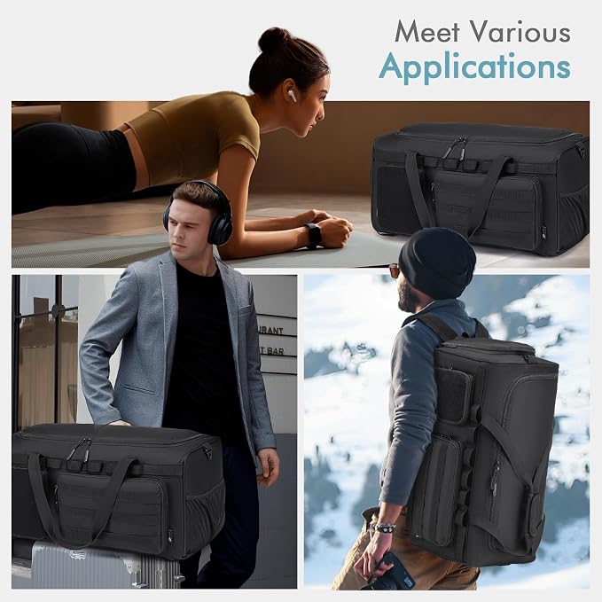 Tactical Gym Bag for Men 55L Sports Duffel Bags 3 in 1 Travel Duffel Bag with Shoe Compartment Waterproof Workout Backpack Carry On Bag for Overnight Weekender Travel Black - Image 6