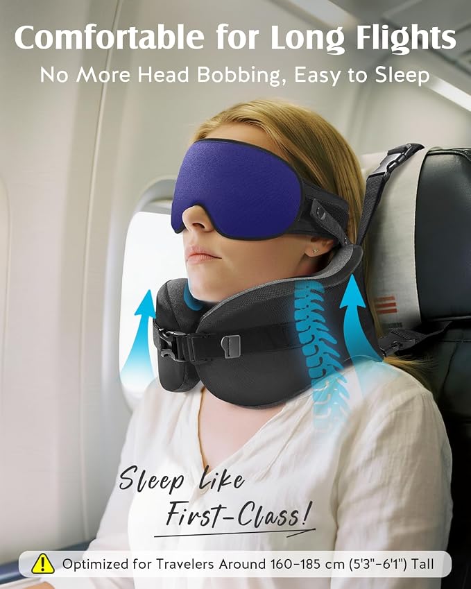 YFONG Travel Pillow for Long Flight Airplanes, Head Strap Combo with 3D Contoured Eye Mask for Sleep, Neck Pillow for Car Trip Essential, 360° Support Memory Foam Headrest, Prevent Bobbing, Blue - Image 2