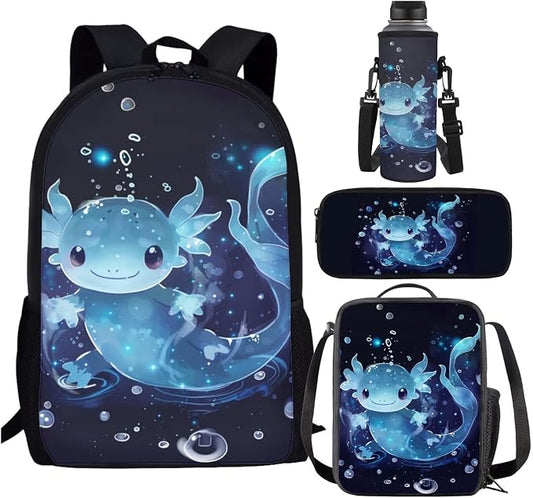Blue Axolotl Backpack for School Girls 3rd Grade Preppy 8-10/6-8 with Lunch Box Set 4 in 1 Elementary Student Bookbag and Lunchbox Pencil Case Water Bottle Holder 17in Back Pack Book Bags by SCRAWLGODDreamWardrobe