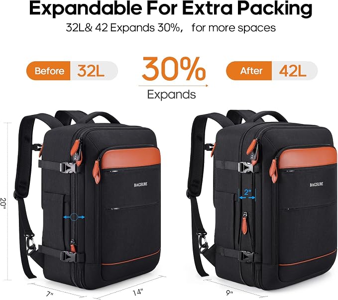 Bagsure Travel Backpack Carry On Backpack 42L Flight Approved, Expandable Laptop Backpack with Packing Cubes & Shoe Pocket, Water Resistant Luggage Backpack for Men Women, Large Backpack 20 * 14 * 7" - Image 3