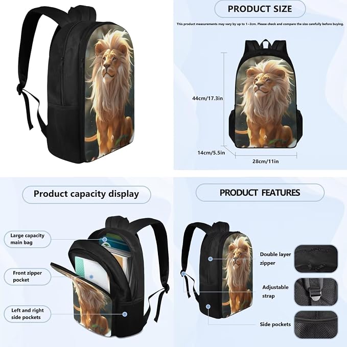 Lion Backpack for Kids Girls Backpack with Lunch Box Water Bottle Pouch and Big Pencil Pouch 4PCS Set Large Bookbag with Compartments 17" Sturdy School Bag for Boys Kids Back to School Gifts - Image 4