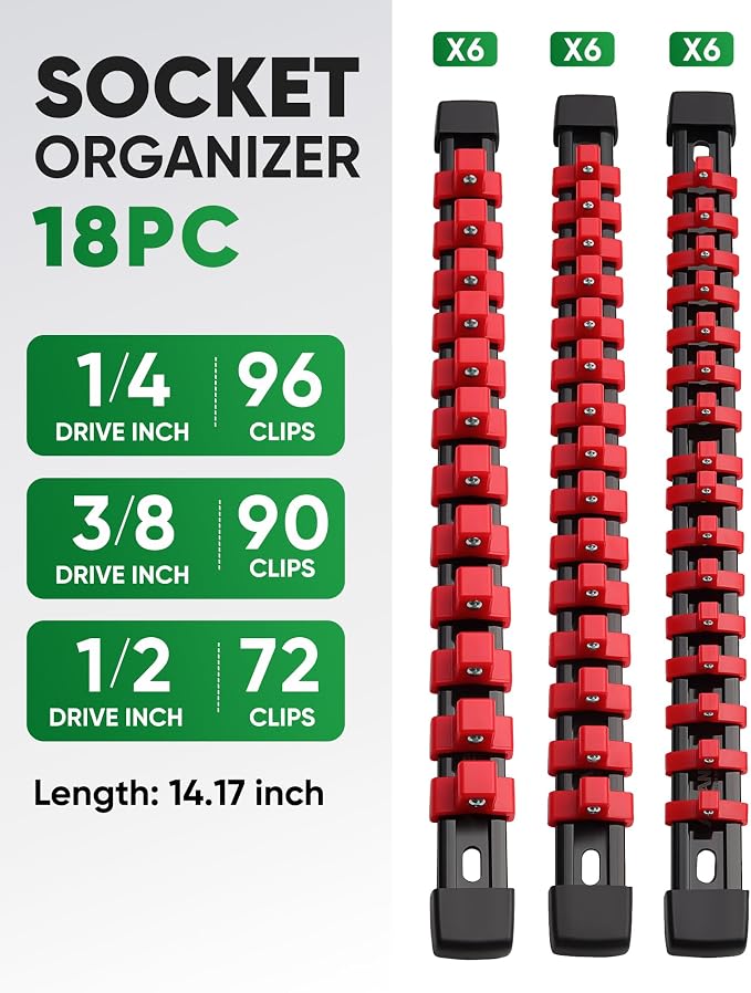 ALOANES 18PC Socket Organizer, Socket Rails Fit 1/2", 1/4" and 3/8" Drive | Heavy Duty ABS Socket Holders Hold up 258 Sockets for Mechanics Toolbox Drawer Bags(Red) - Image 2