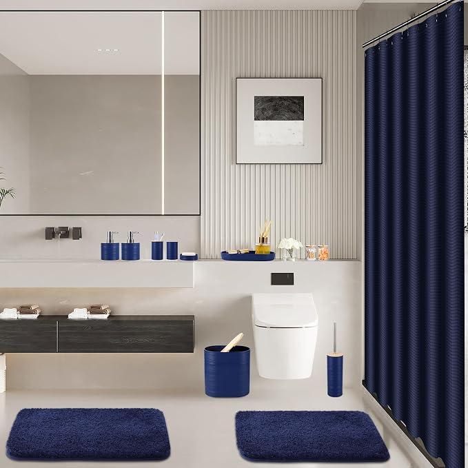 XLHOMO Bathroom Set - Navy Blue Bathroom Accessories Set, Bathroom Sets with Shower Curtain and Rugs, 25PC Shower Curtain Set with Hooks, Soap Dispenser, Soap Dish, Toilet Brush Holder and Trash Can - Image 8