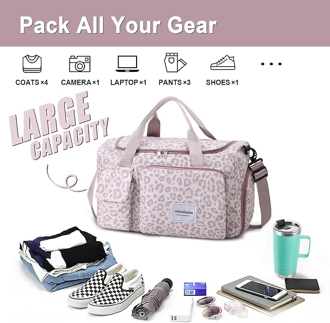 WOOMADA Foldable Travel Duffel Bag with Shoes Compartment, Overnight Bag with Wet Pocket & Trolley Sleeve, Weekender Bags for Women(A-pink leopard) - Image 3