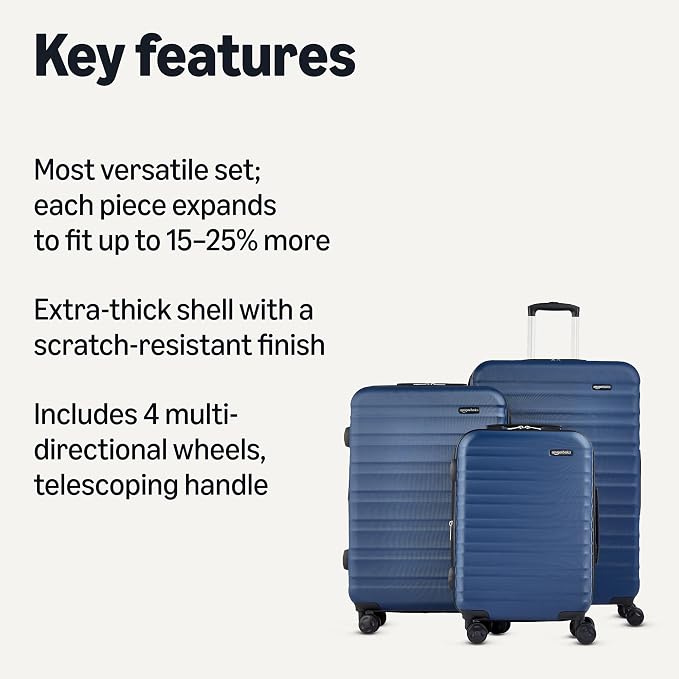 Amazon Basics 3-Piece Hardside Expandable Luggage Set (21" Carry-On, 26", 30"), Spinner Suitcases with Multi-directional Wheels, Scratch-Resistant Surface, Navy Blue - Image 2