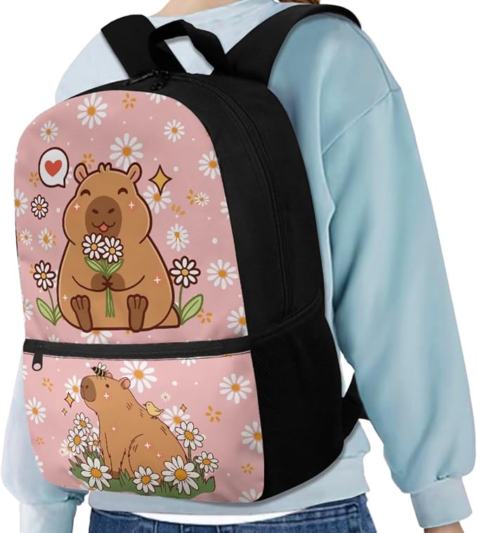 Capybara Backpack for Girls Elementary School Bag 5 in 1 Bookbag Set with Lunch Box Pencil Case Water Bottle Sleeve Bookmark for Teen Boys School Bookbag Camping,Daisy - Image 2
