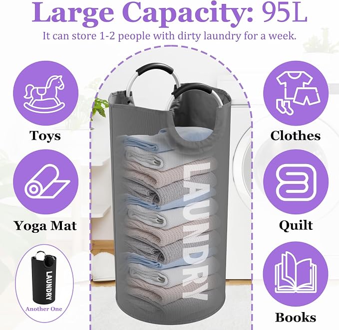 2Pcs Large Laundry Hamper for Adult, 95L Folding Clothes Basket with Handles, Dirty Clothes Hampers for Bedroom, Stand-alone Laundry Bin for Family, Hotel, Dorm, Grey/Black - Image 2