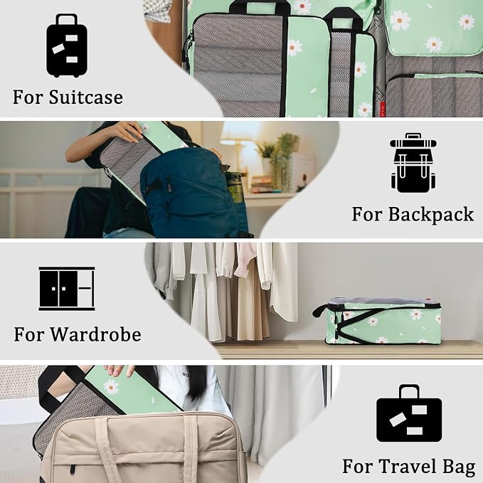 U+U 10 Set Compression Packing Cubes - Ultralight Travel Organizers with Laundry Bag and Cosmetic Bag, Space-Saving Suitcase Organizer for Travel, Business Trip and Family Vacation (Daisy) - Image 7