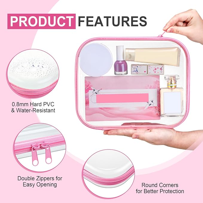 Sanwuta 6 Pcs Clear Hard Zipper Case Plastic Zipper Pouches Transparent Makeup Bag Pencil Case Pouches Toiletry Diaper Bag for Travel Toy Storage Organizer Bins(Pink,9.84 x 7.87 x 2 Inch) - Image 3