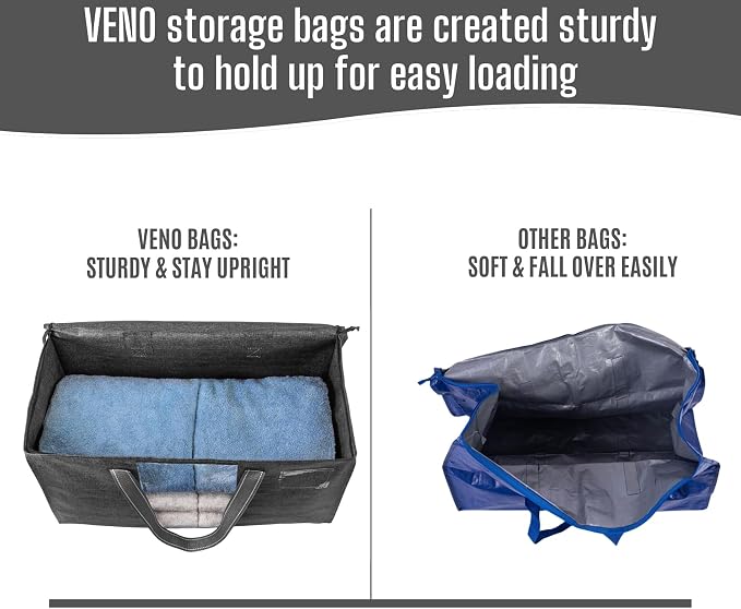 VENO 4 Pack Heavy Duty Moving Bags, Clothes and Comforter Storage Bags with Clear Window, College Dorm Essentials Packing Supplies, Foldable Boxes Alternative (Gray, 4 Pack) - Image 6