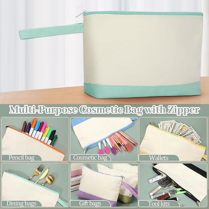 Silkfly 48 Pcs Cotton Canvas Makeup Bags Cosmetic Zipper Bags 10.2 x 5.5 x 2'' Blank DIY Pouch Bulk Pencil Case with Bottom Travel Toiletry Pouch for Women Craft Decor Gift (12 Colors) - Image 5