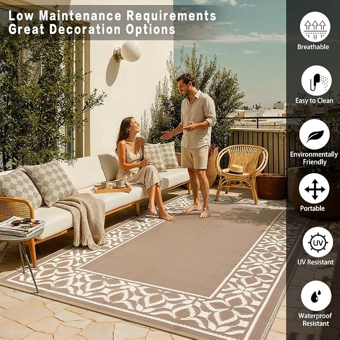 PureCozy Outdoor Plastic Straw Rug Beige Brown Large Outside Waterproof Outdoor Patio 9x12 Carpet Geometric Reversible Mat Modern for Camping RV Porch Deck Balcony Beach - Image 7