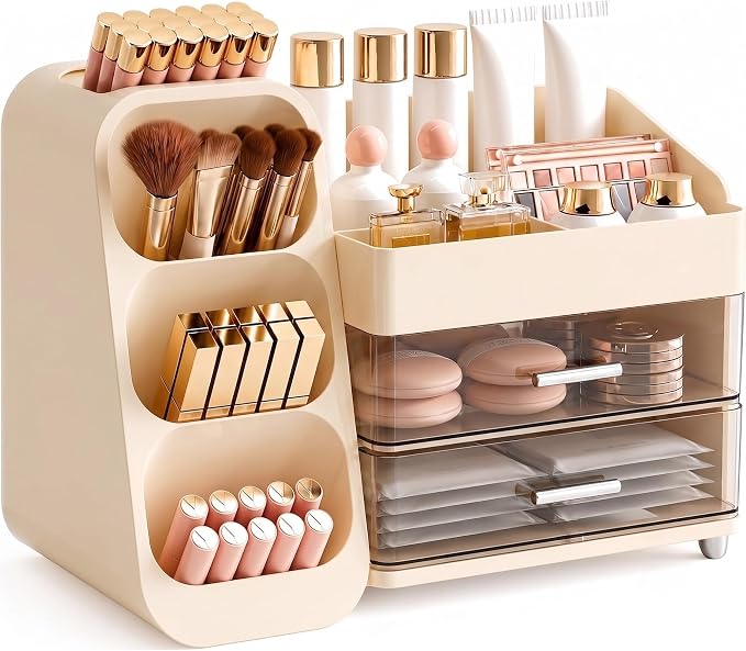 Booklov Large Makeup Organizer for Vanity and Bathroom Countertop, Cream | Clear Acrylic Cosmetic Display Case, Beauty Brush Holder for Dresser Counter Skincare Eyeshadow Lipstick Perfume Storage by Booklov