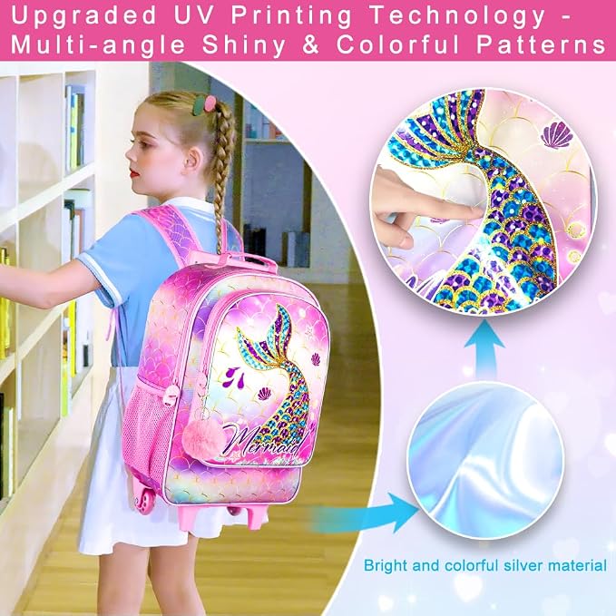HPJGD 3PCS Mermaid Rolling Backpack for Girls, Kids School Backpacks with Wheels, Water Resistant UV Printed Roller Wheeled Bookbag Set with Lunch Box - Image 3