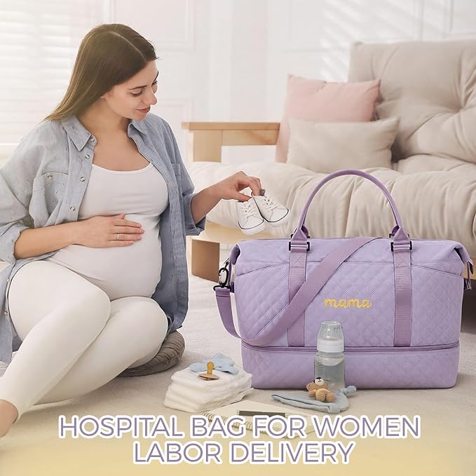 Dansydaisy Mama Hospital Bag for Women Labor Delivery Travel Duffle Bag with Shoe Compartment and Toiletry Pouch Waterproof Letter Embroidered for Pregnancy Weekender Overnight Gym Gift, Purple - Image 6