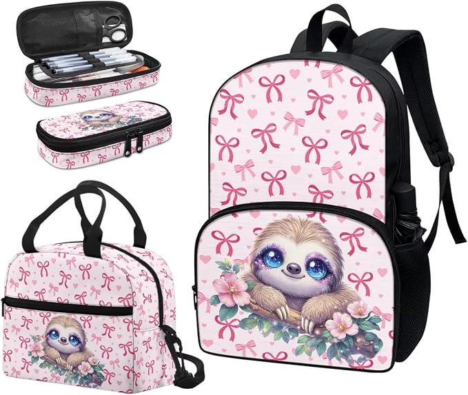 Bow Sloth School Bag for Girls, 3Pcs Students Backpack, Elementary Girls Bookbag Sets with Lunch Box Pencil Case for School - Image 6