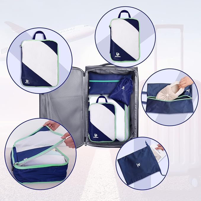 AiQInu Packing Cubes Compression, Pack of 5 Packing Bags, Compression Suitcase Organiser Set with Laundry Bag and Shoe Bag, Ultralight, Expandable, Travel Pack Organiser for Hand Luggage (Dark Blue) - Image 7