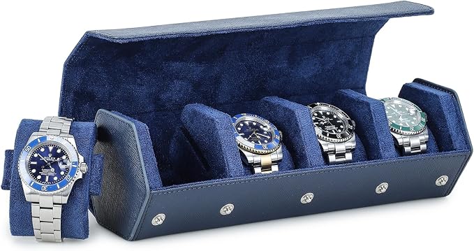 Hiram Genuine Leather Saffiano Leather Watch Roll Travel Case, Leather 4-Watches Roll Case for Treasured Watches and Bracelets(Blue) by Hiram