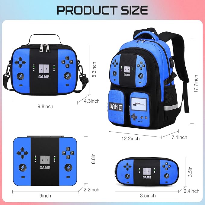 Jafeton School Backpack for Boys, 4 PCS Gamer Boy Backpack Set with Bento Box, Lunch Box & Pencil Pouch, Waterproof Schoolbag for Boys Kids Teens, Elementary Middle School, Kid Bookbag Casual Daypack - Image 2