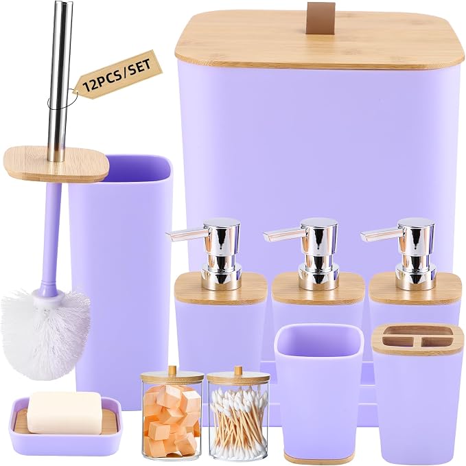 XLHOMO Purple Bathroom Accessories, Bathroom Accessories Set with Trash Can, Soap Dispenser, Toothbrush Holder, Toothbrush Cup, Soap Dish, Toilet Brush, Tray and Q-tip Holders for Housewarming by BetterbathroomwithXLHOME