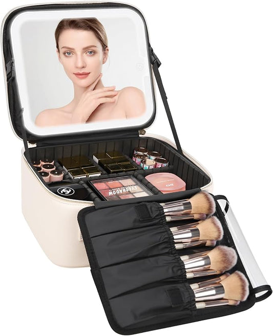 Relavel Makeup Bag with Led Mirror Travel Makeup Train Case Cosmetic Organizer Portable Artist Storage Bag with Adjustable Dividers Makeup Brushes Storage Organizer, White by Relavel