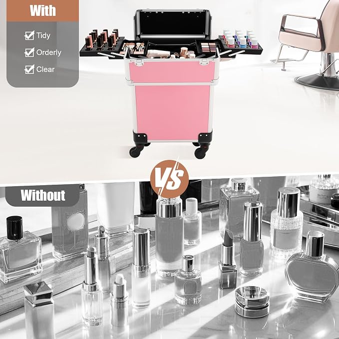 Makeup Train Case, Large Cosmetic Trolley with Locks, Aluminum Alloy Beauty Train Case Organizer, Pink - Image 6