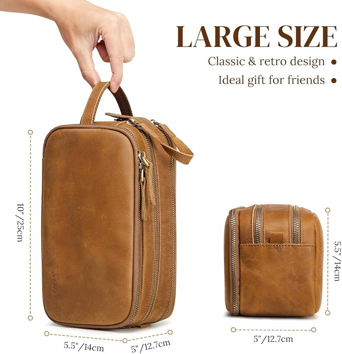 S-ZONE Leather Travel Toiletry Bag for Men Women Cosmetic Shaving Bags | Vintage Top Grain Leather, Multi Compartments, Bronze Hardware, Compact Dopp Kit - Image 5